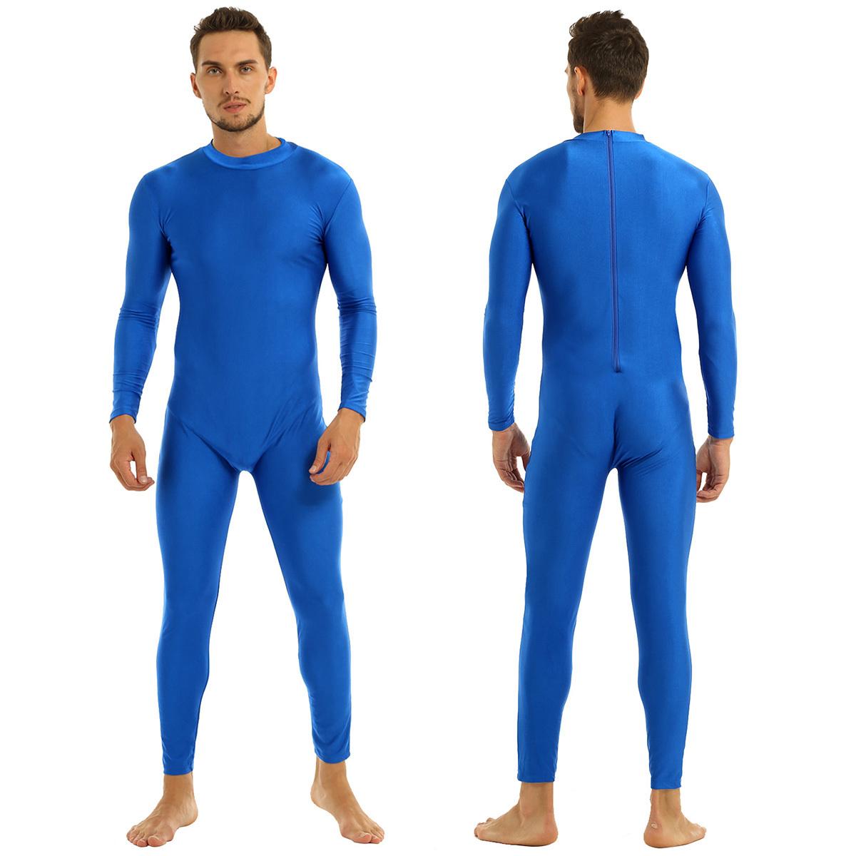 Herren Erwachsene Mock Neck Ganzkörper Unitard Footed Zentai Anzüge Bodysuit Kostüme XL blau