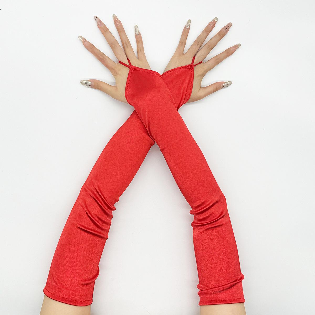 Damen Satin Haken Finger Lange Fingerlose Handschuhe Brautkleid Performance Party Retro Stil Oper Etikette Zubehör One Size red