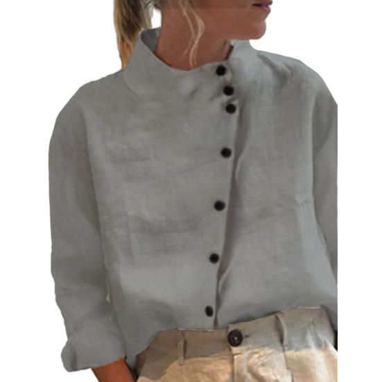 Frauen Vintage Top Bluse Solide Lange Ärmel Taste Dekor Lose Weiche Atmungsaktive Pendeln Sommer Casual Stehkragen Übergroße Bluse XL grau