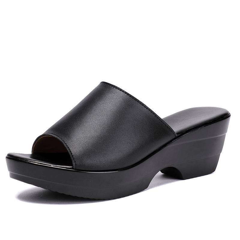 Mode GKTINOO Damen Hausschuhe 2025 Damen Sommer Hausschuhe Echtleder Schuhe Damen High Heels Mode Keile Sommer Schuhe 11 schwarz