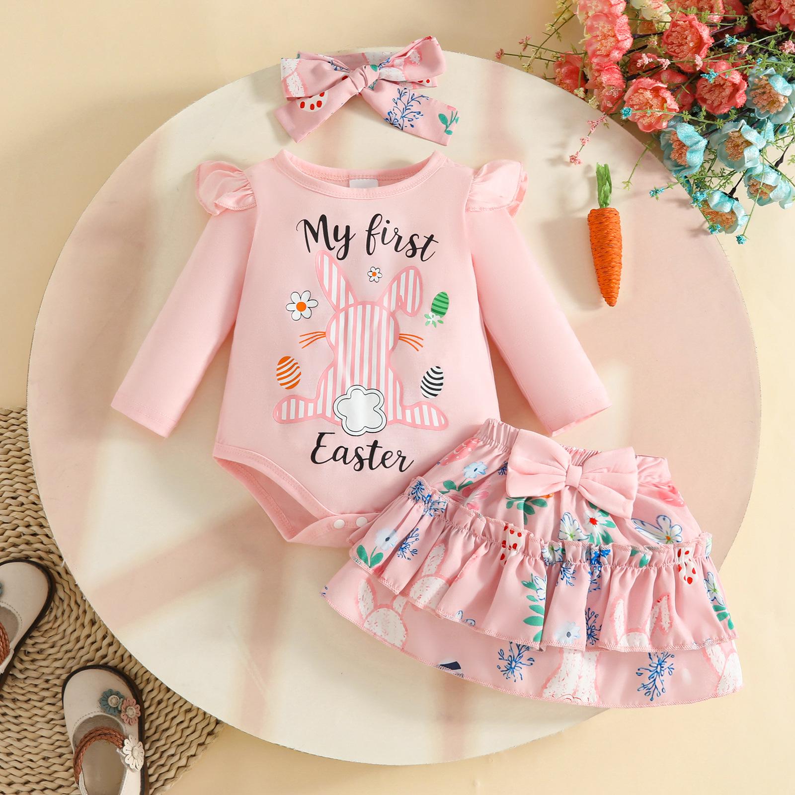 Oster-Baby-Mädchen-Outfit: Langarm-Strampler, Hose und Stirnband mit Hasen- und Eier-Muster (0-12 Monate) 0-3 Months rosa