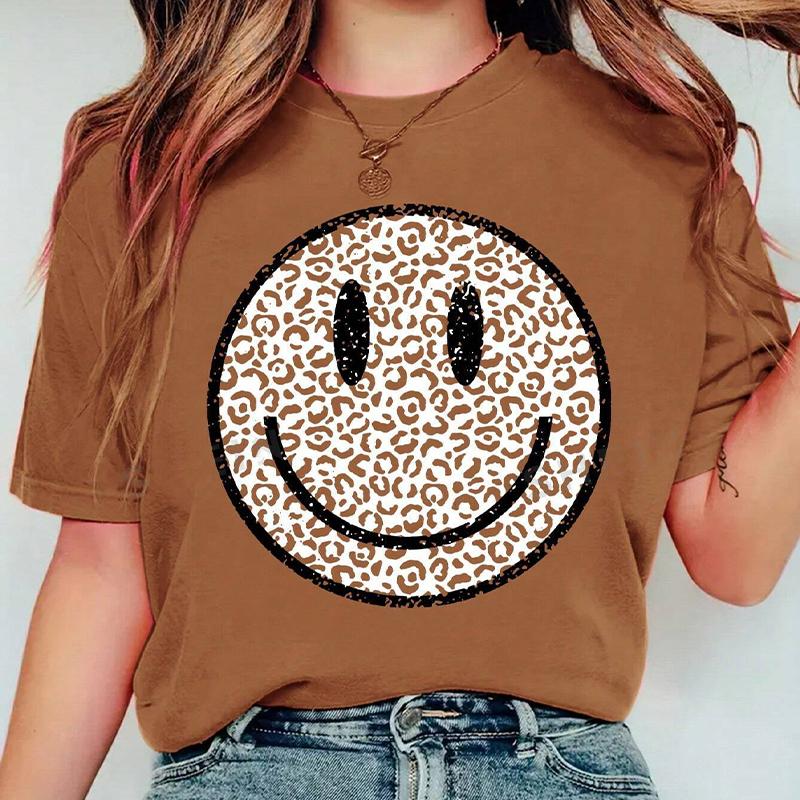 Mode Frauen Personalisierte Spotted Runde Lächelndes Gesicht Spleißen Print T Shirt Lustige Casual Oansatz Kurzen Ärmeln T-shirt Sommer Weibliche T Shirt M braun
