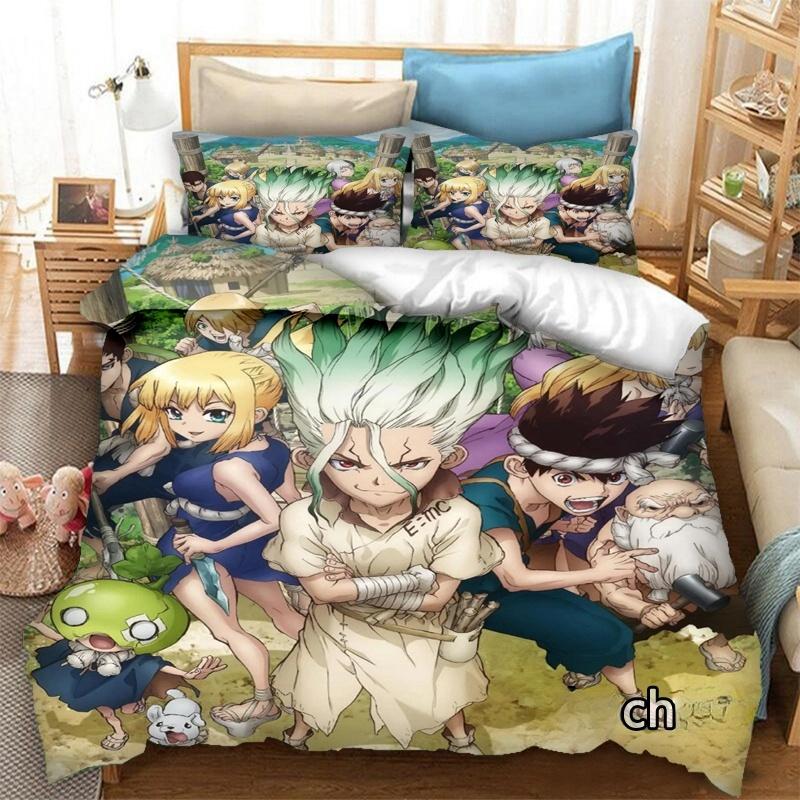 Neuer Anime Dr.STONE 3D-Druck Bettwäsche-Set Bettbezüge Kissenbezüge 2/3-teilig Steppdecke Bettwäsche-Sets Bettwäsche Bettbezug-Sets 155x215cm 3pcs