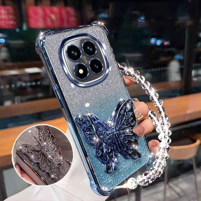 Stoßfeste Glitzer-Beschichtungshülle für Xiaomi Redmi 15 15C Note 15 Note 14 Pro Plus 14C 4G 5G Schmetterling Handyhalter Armband Hülle Redmi Note 15ProPlus blau