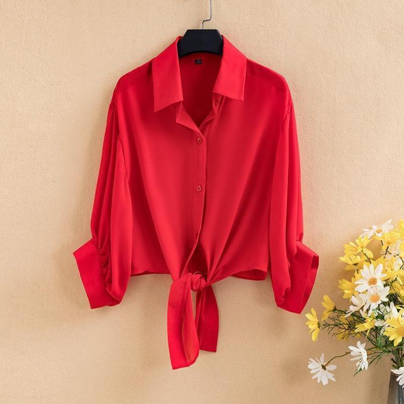 Hemd Einfarbig Lose Äußere Strickjacke Strand Sonnenschutz Sommer Klimaanlage Hemd mit Rock Kleine Schal L rot