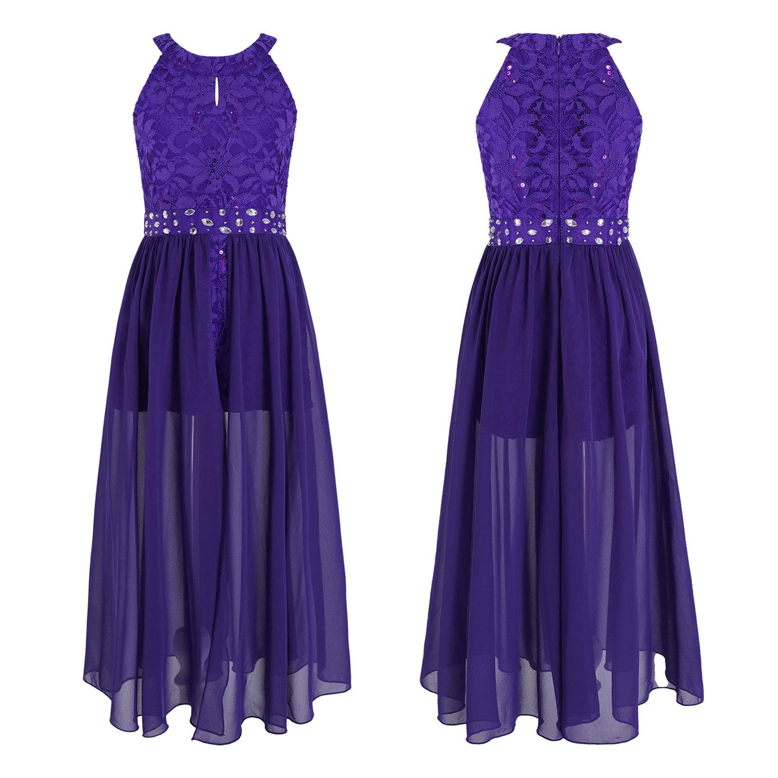 Prinzessin Spitze Blumenmädchenkleid für Braut Brautjungfer Festzug Party Festliches Kleid Kinder Strampler Kleider 14-16 Years violett