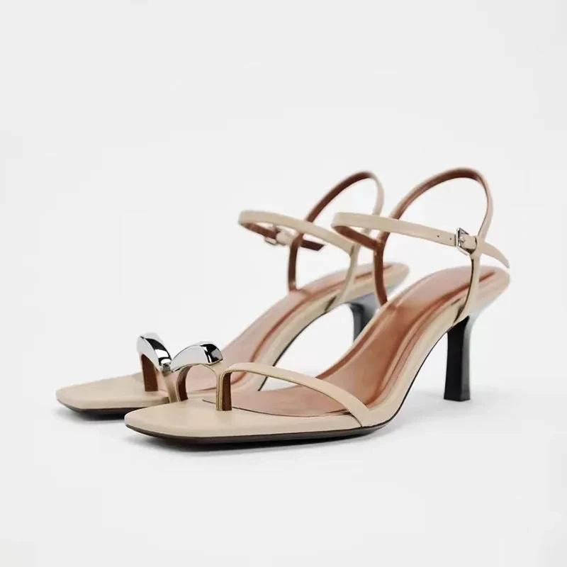 TRAF Damen Sandalen mit Absatz, schicke Sandalen mit Metallscheibenabsatz, runde Zehenpartie, Peep Toe, Slingbacks, Sandalen mit Riemenschnalle, Absatzschuh 38