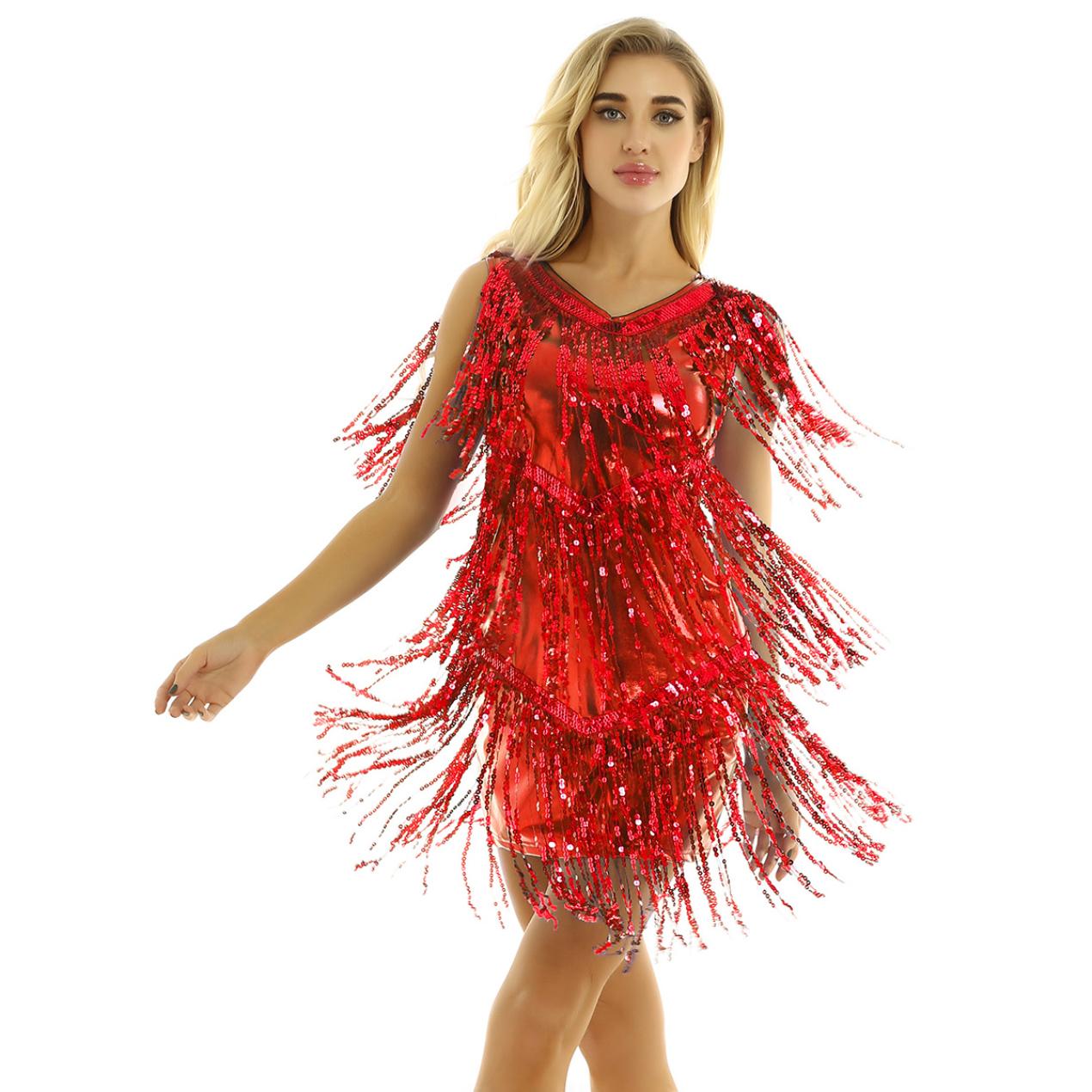 Damen-Kostüm, Tanzkostüm, Cocktail-Abendkleid, Damenbekleidung, Sommerkleider, Fransenkleider M rot