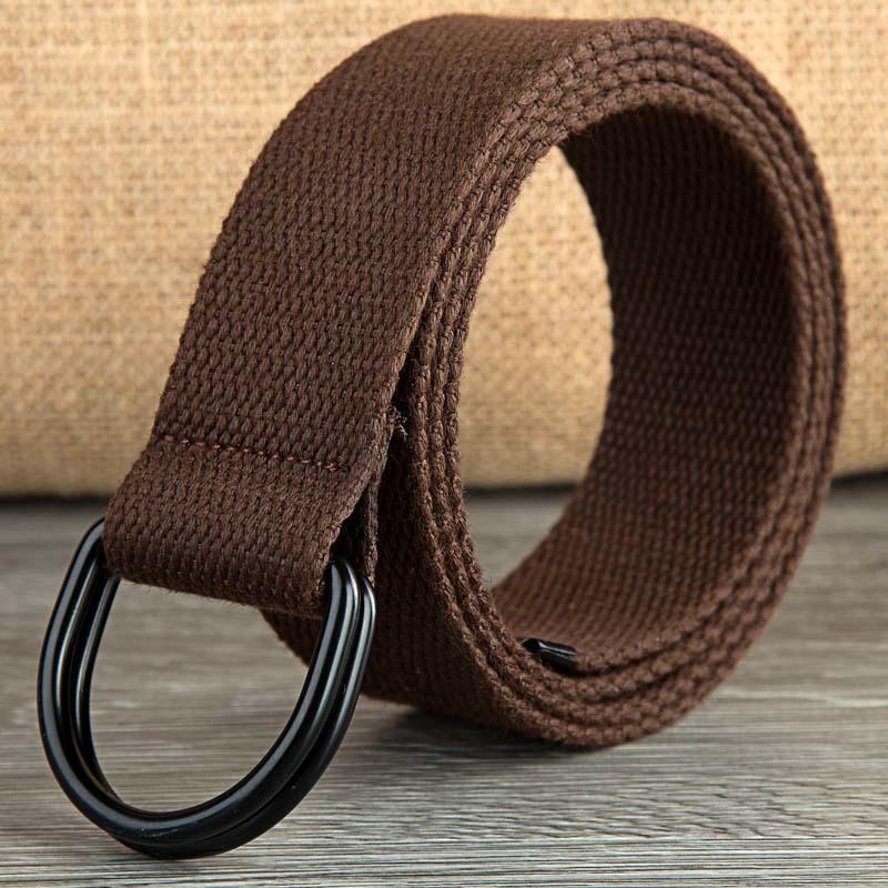 Canvas-Gürtel mit Doppelringschnalle für Damen und Herren, Schwarz, D-förmiger Schnalle, Stoffgürtel, halbkreisförmiger Ring, verlängerter Canvas-Gürtel, EMA 140cm braun
