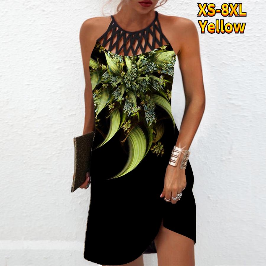 Sommer Mode Sexy Ärmelloses Kleid Weiche Casual 3D Flash Drill Print Kleid Ärmelloses Sling Kleid Sommer Hosenträger Kleid M gelb