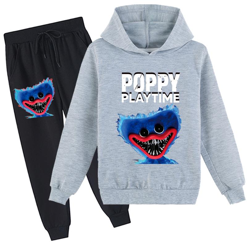 3D-Hoodie-Set für Kinder Huggy Wuggy Pullover-Trainingsanzug Poppy Playtime Kinderpullover + Hose 110cm grau