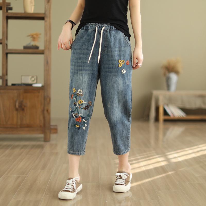 Mode Sommer Damen Zerrissene Lockere Jeans Damen Freizeit Stickerei Denim Hose Vintage Damen Elastische Haremshose XL