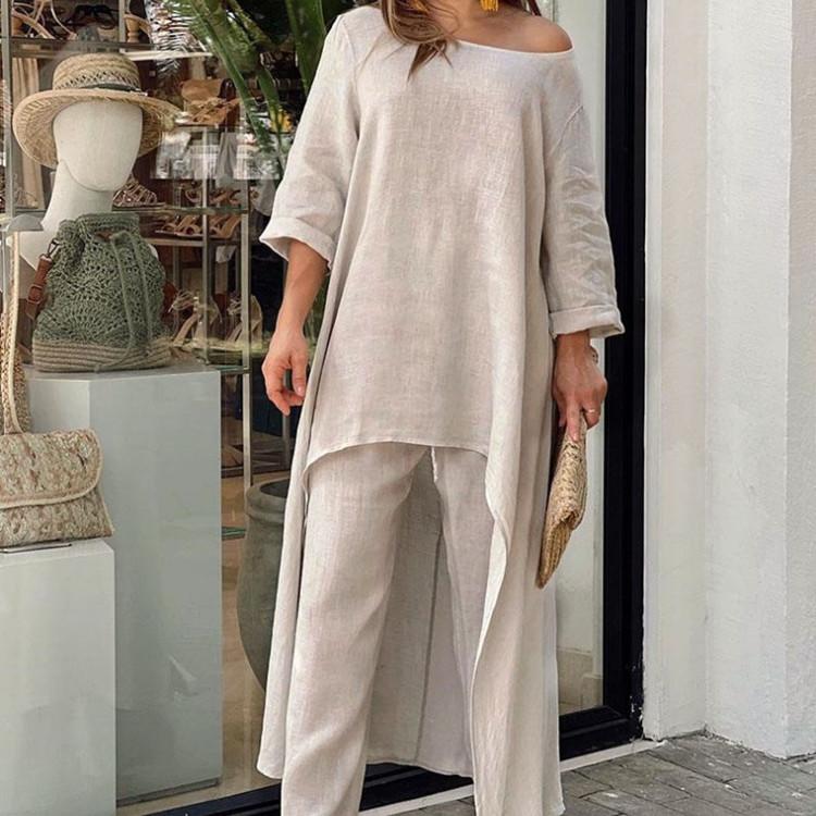 Sommer Damenmode Casual Baumwolle Leinen Anzug Unregelmäßige Langarm Weite Beinhose Zweiteiliger Anzug Plus Size L