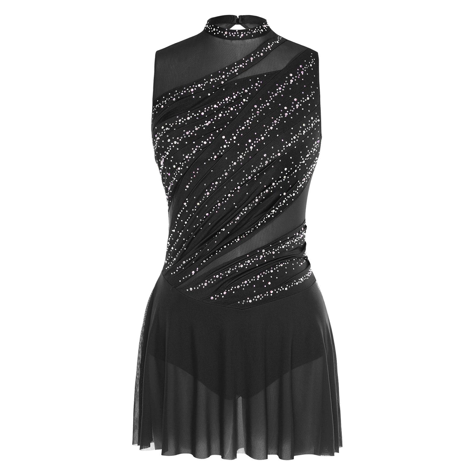 Damen Gymnastik Kunstturnen Eiskunstlauf Ballett Lyrischer Tanz Turnanzüge Kleid Strasssteine Eingebauter Schritt Knöpfe Slips Kleid S schwarz