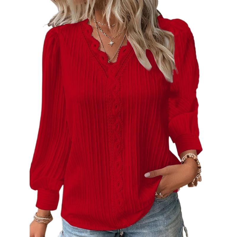 YYFS Damenmode, lässig, Frühling, Herbst, einfarbig, bedruckt, Pullover und langärmelige Blusen und Hemden mit V-Ausschnitt XXXXXL rot
