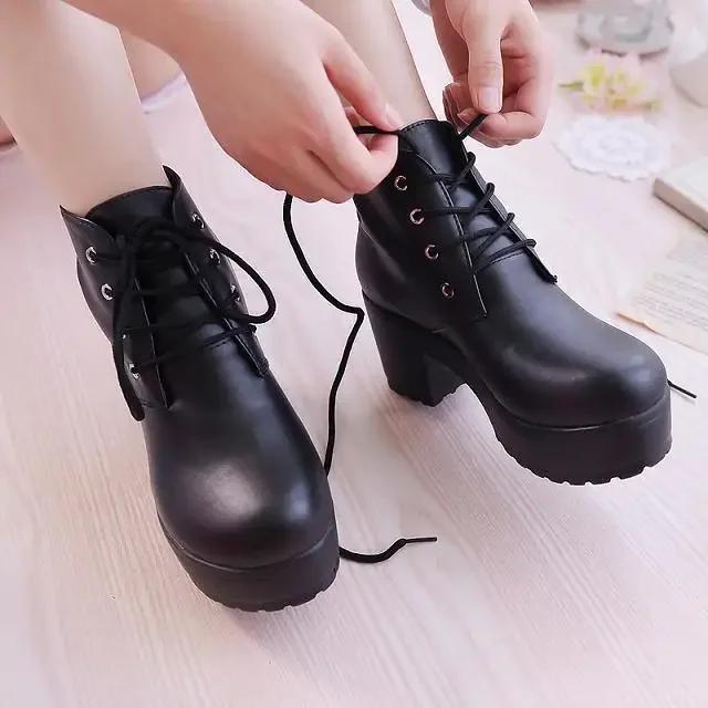 Neu Stiefeletten Frauen Plattform Schuhe Lace Up Pu Leater Schuhe Weiß Schwarz Frauen Chunky Heels Verkauf Schuhe Frau Schuhe Hohe 41 schwarz