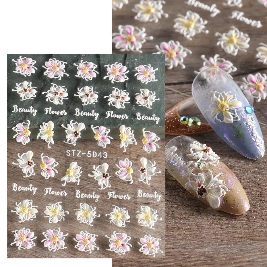 5D Acryl Blumen Nagel Aufkleber Nägel Kunst Aufkleber Floral Spitze Nagel Slider Sommer Maniküre Dekor Folien STZ-5D43