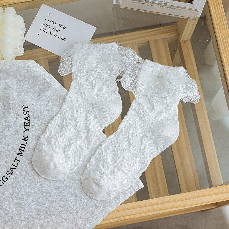 Japanische Kawaii süße weiße Socken JK Spitze Rüschen Rüschen Socken Frauen einfarbig süße Mädchen Studenten Lolita Stil Spitze Crew Socken