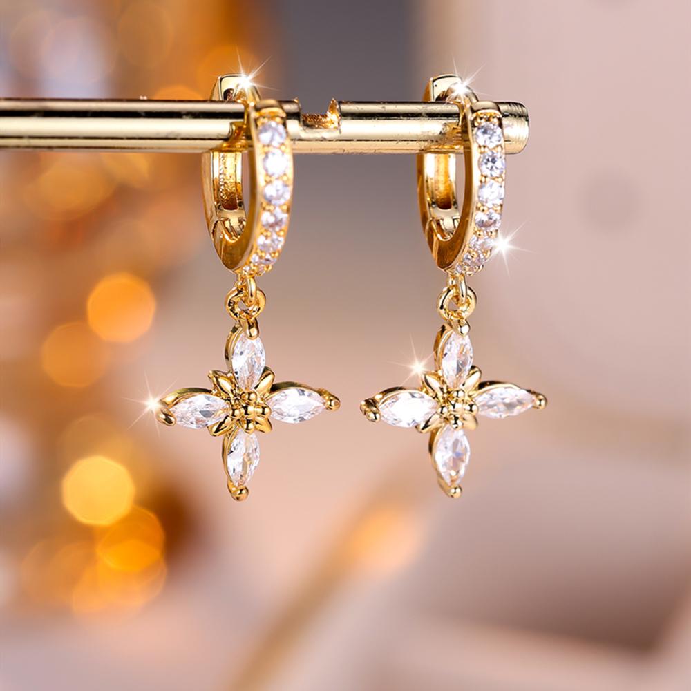 Weibliche Nette Stern Blume Hoop Ohrringe Luxus Weiß Zirkon Kreuz Ohrringe Für Frauen Vintage Gold Farbe Engagement Schmuck gold