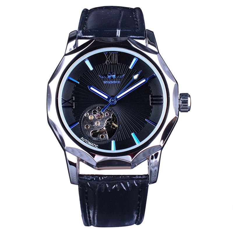 Gewinner Blau Ozean Geometrie Design Transparent Skeleton Zifferblatt Herren Uhr Top Marke Luxus Automatische Mode Mechanische Uhr schwarz