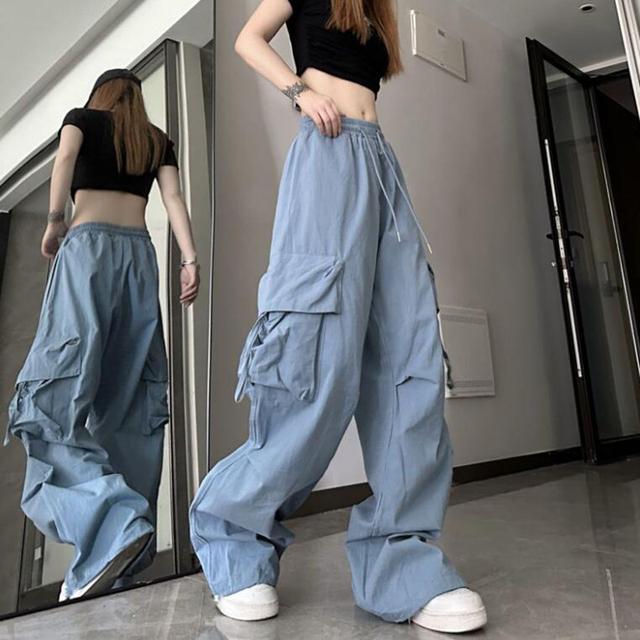 Hip Hop Y2K Cargo Hosen Frauen Streetwear Harajuku Große Taschen Casual Hosen Koreanische Lose Hohe Taille Design Feste Hosen L blau