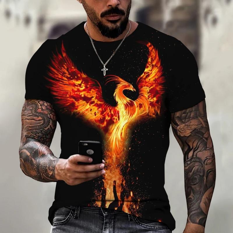 Neues Herren 3D-gedrucktes Phönix-Muster Mode-Top Übergröße Rundhals Kurzarm Retro-Mode Freizeit-T-Shirt XL