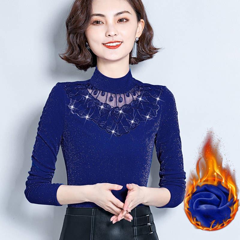 Frauen Herbst Winter Plus Samt Spitze Dicken Pullover Enge Sexy Bodenbildung Pullover Langarm M blau