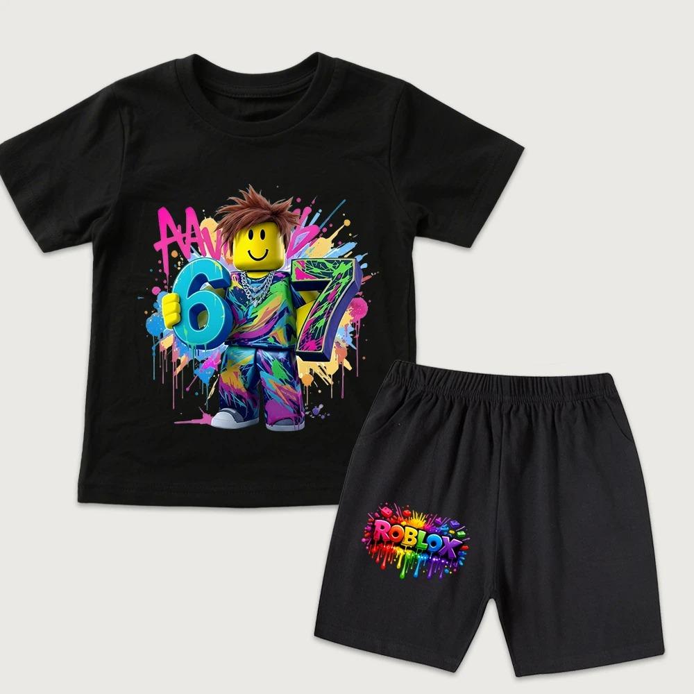 Cartoon-Spiel 67 Süßes bedrucktes Kinder T-Shirt und Shorts 2-teiliges Set Sommer lässiges Outfit für Jungen und Mädchen Kinderkleidung 100