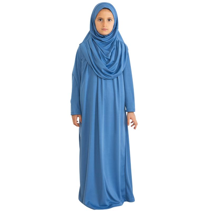 Gebetskleid für Kinder, muslimische Kleidung für Mädchen, langärmelig, Abaya mit Hijab, zweiteiliges Maxi-Islamisches Set, Schal, Kaftan, Jilbab blaubeere