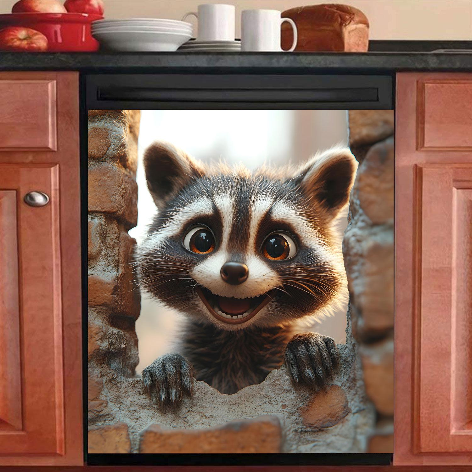 1 Stück Süßer Waschbär Magnetische Spülmaschinentür-Abdeckung Aufkleber Türverkleidung Kühlschrank Geräte-Magnet für Spülmaschine Kühlschrank Küchen-Dekoration 58.5*43cm