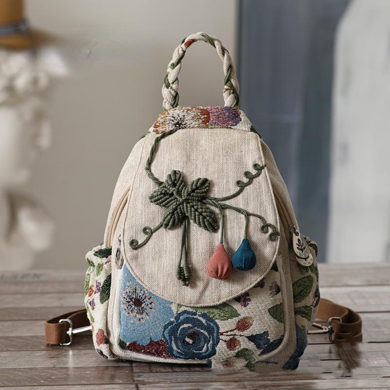 2024 Retro Zipper Rucksäcke Damen Neue Chinesischen Nationalen Stil Frauen Rucksack Große Kapazität Reise Leinwand Schul Mädchen beige