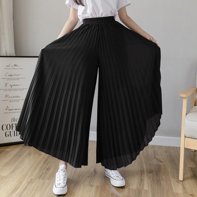 Frauen Sommer Plissee Lose Hosen Mode Weibliche Chiffon Elastische Taille Rock Hosen Breite Bein Hosen S schwarz