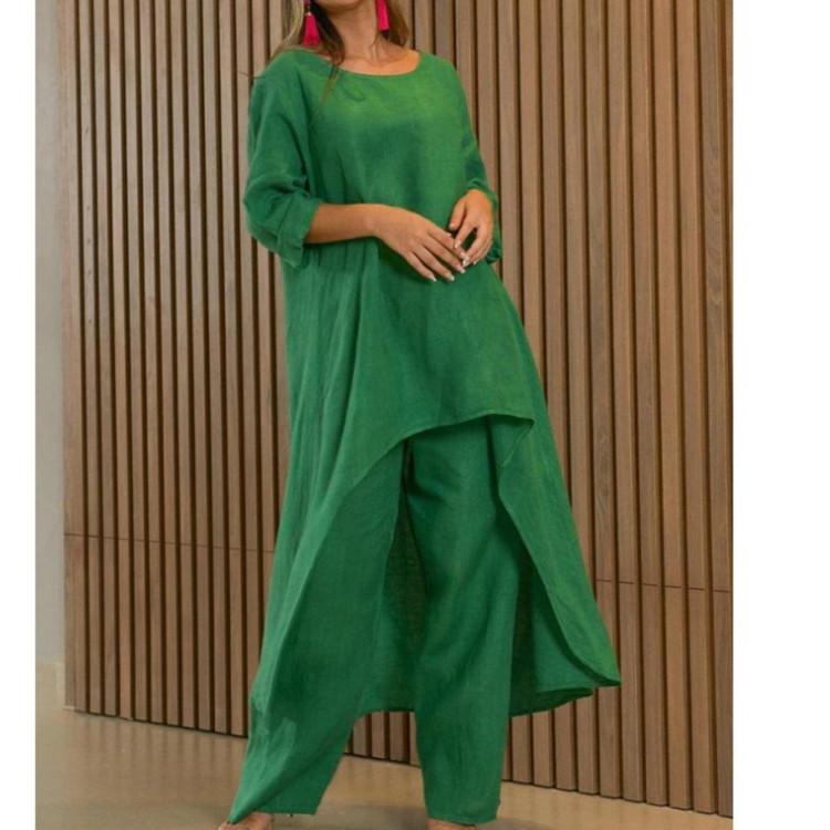 Sommer Damenmode Casual Baumwolle Leinen Anzug Unregelmäßige Langarm Weite Beinhose Zweiteiliger Anzug Plus Size S blue