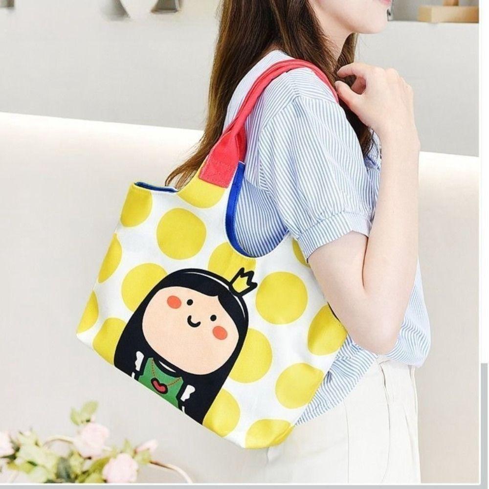 Mode Niedlicher Druck Damen Cartoon Handtasche Tragbar Langlebig Umhängetasche Muscheltasche Canvas Tasche Reise Stoff Handtasche yellow