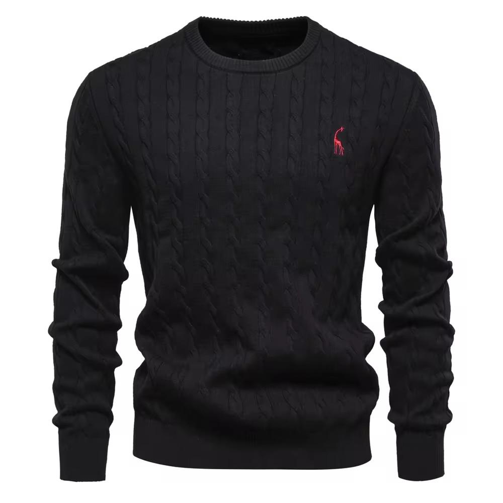 AIOPESON Herren-Pullover mit Giraffenstickerei, Baumwollpullover, Rundhalsausschnitt, klassischer Twist-Muster-Pullover, Strickpullover für Männer XL 85-95 kg schwarz