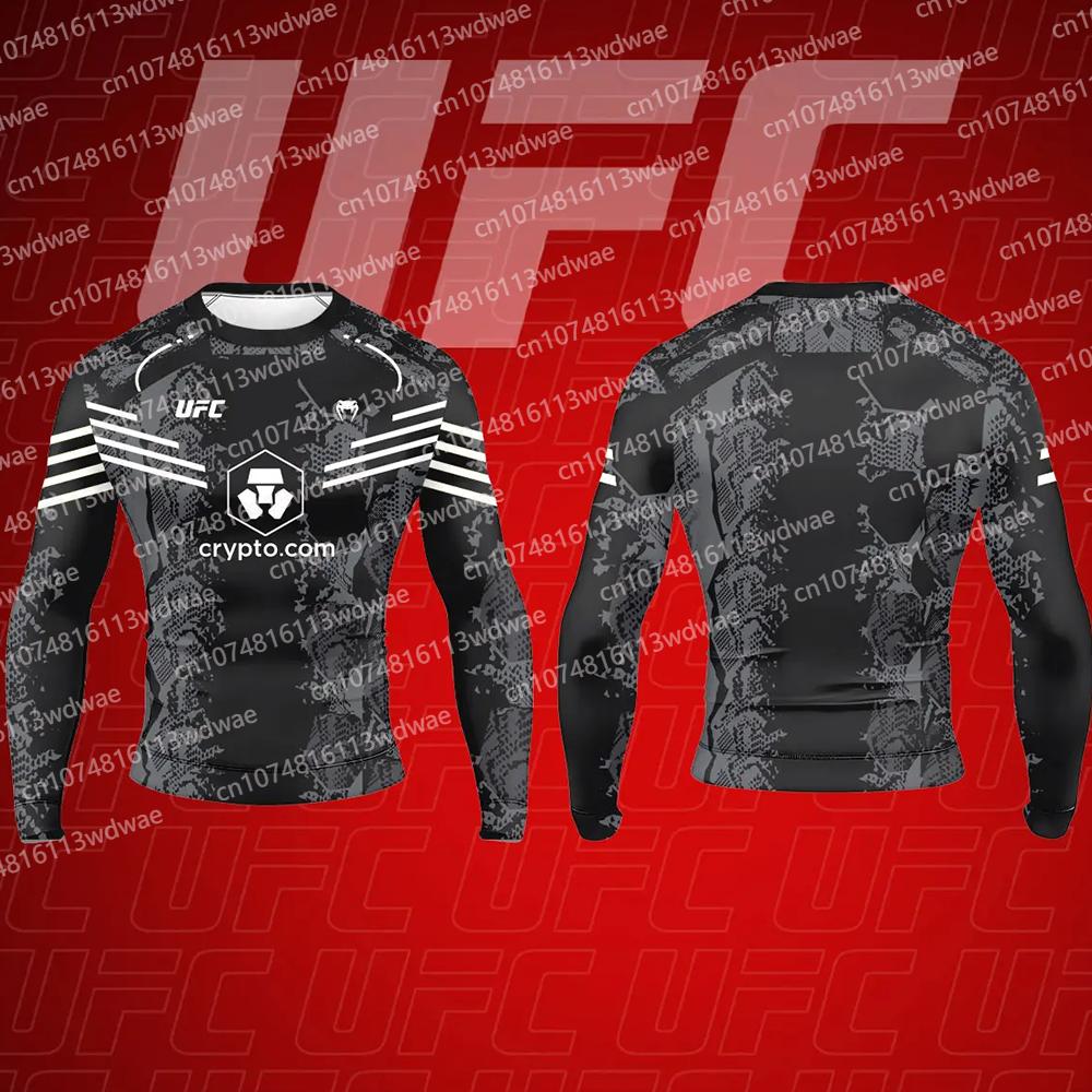 UFC x Crypto 2026 Offizielles Langarm Kompressionsshirt Herren MMA Training Fitnessstudio Workout Trikot Sportbekleidung Blau Schwarz Design L red