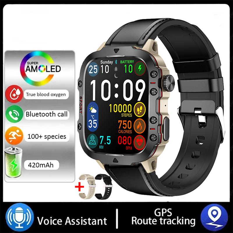 Neue Smart Watch 1,96 Zoll Bildschirm 420 MAh Bluetooth Anruf Sprachassistent Uhr Sport Fitness Wasserdichte Smartwatch für Männer Leather + silicone + sili mandel