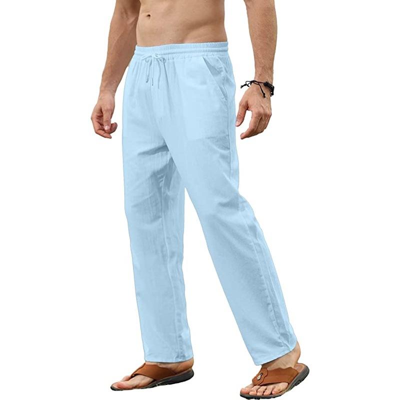 Herrenhose aus Baumwollleinen, lässige, lockere Hose, atmungsaktiv, einfarbig, mit Kordelzug, Jogger, Yoga, Baggy-Hose M himmelblaue