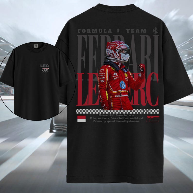 Charles Leclerc Ferrari F1 #16 Monaco Doppelseitiger Print Grafik T-Shirt, Unisex Oversized Streetwear, Formel 1 Fan Geschenk M beige