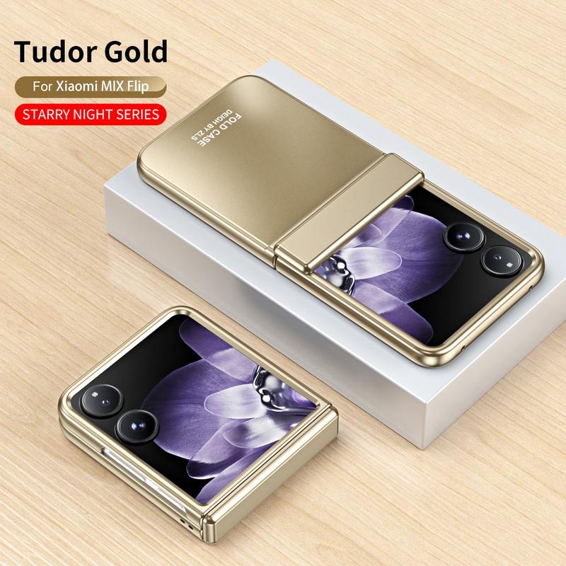 Luxuriöse, einfarbige Klapphülle mit gehärtetem Glas, 3-teilig, für Xiaomi Mix, Flip, stoßfeste, klare, harte PC-Hülle für schlanke Telefone Xiaomi Mix Flip gold