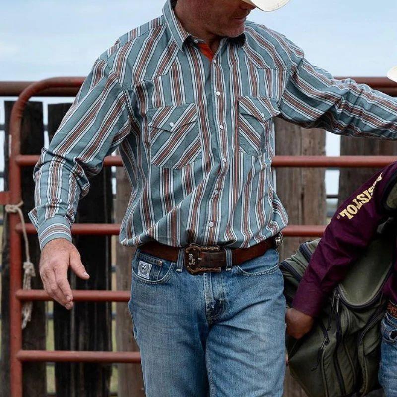 Herren Retro Western Gestreiftes Hemd Lässig Kurzarm Knöpfe Cowboy Stil Hemd XXL blau