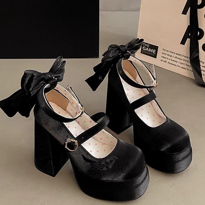 Mode Damen High Heel Schuhe Lolita Pumps Mode Frühling Herbst Damen Outdoor Retro Schleife Mary Jane Französisch Elegant 6-8cm Hohe Absätze 39 schwarz
