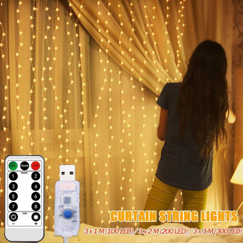 Vorhang LED Lichterketten Girlande Festival Weihnachtsdekoration USB-Fernbedienung Urlaub Hochzeit Lichterketten für Schlafzimmer Zuhause 3M(W)x3M(H) 300 LEDS warm weiße