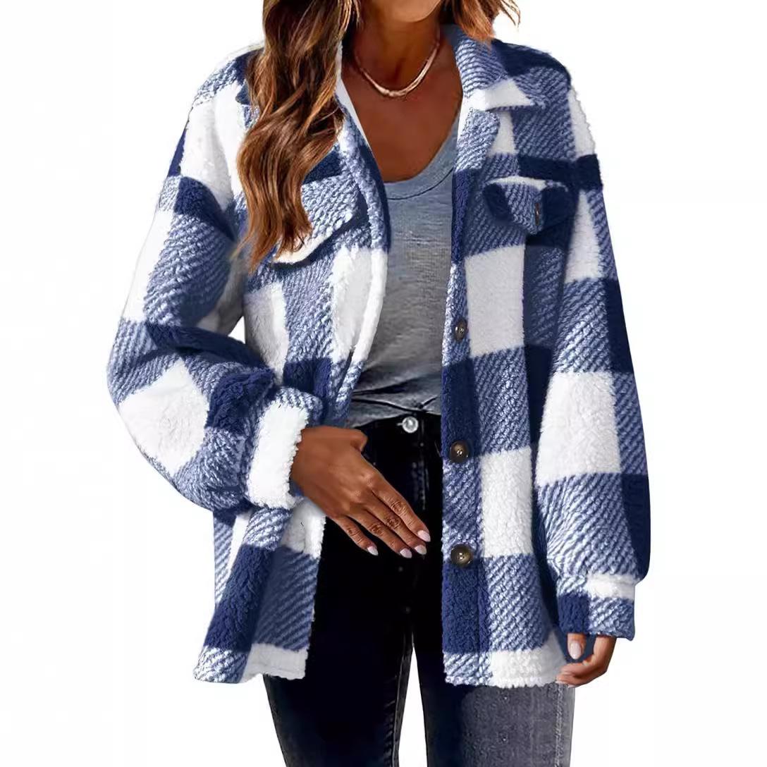 Damen Fleece Herbst Winter Karierte Jacke Mantel Langarm Einreiher Knopf Mode Lässig Locker Mäntel Jacken Oberbekleidung M blau