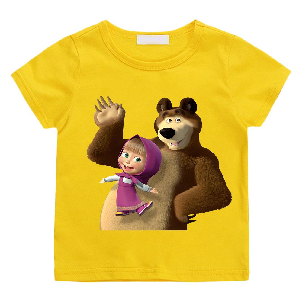 Süßes Masha und Bär Anime Kinder T-Shirt Anime Cartoons Kinder T-Shirts Kawaii Freizeitkleidung Junge Mädchen Mode Kurzarm 130 gelb