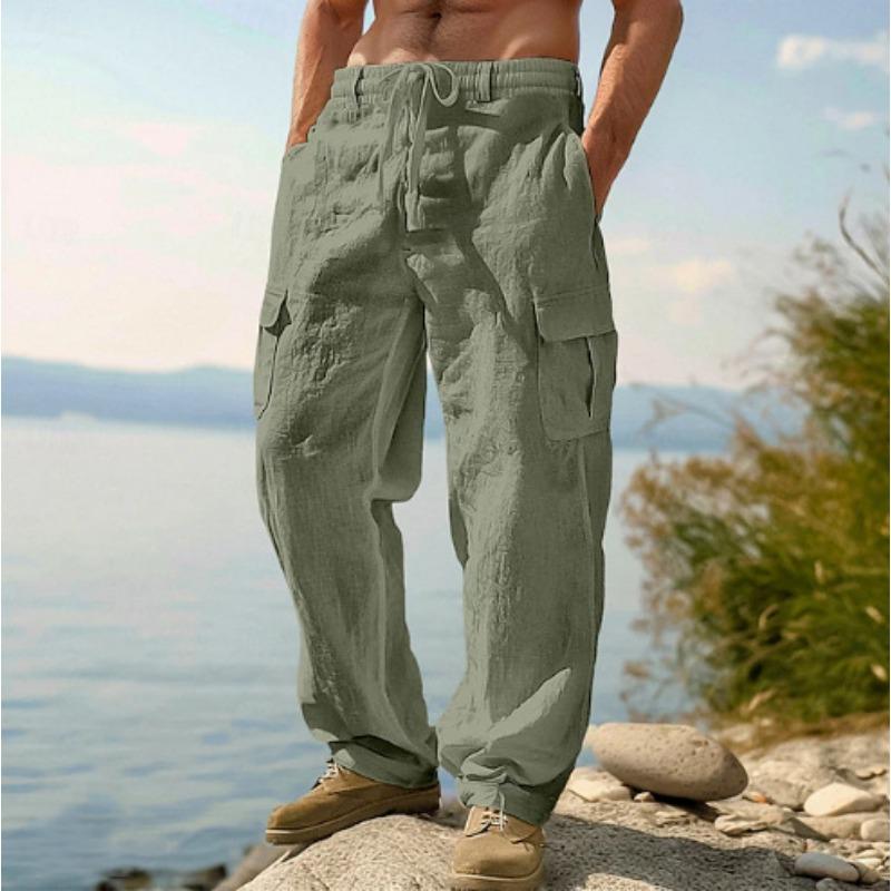 Atmungsaktive Baumwoll- und Leinen-Arbeitskleidung mit mehreren Taschen, lockere und lässige Weitbein-Hose, Herren-Freizeithose M