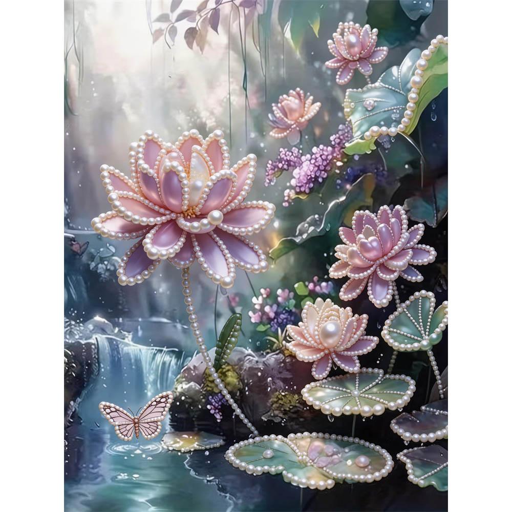 DIY 5D Lotus Perlen Kunst-Set Ohne Rahmen Perlen Diamantmalerei für Erwachsene 30x40cm Blumige Edelstein Kunst für Heimwanddekoration & Bastelgeschenk 40x50cm