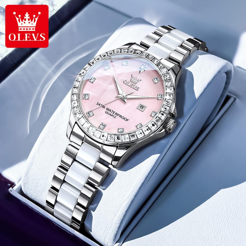 OLEVS Damen Uhr Luxus Elegant Mode Strasslünette Keramikarmband Armbanduhr Wasserdicht Datumsanzeige Uhren rosa/silber