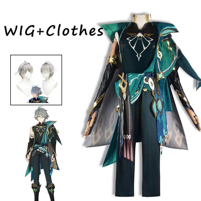 Al Haitham Cosplay Halloween Kostüm Party Outfit Perücke Schuhe Cosplay Komplettset Spiel Anime für Halloween Anzüge Männer XXXL-(Costume+Wig)