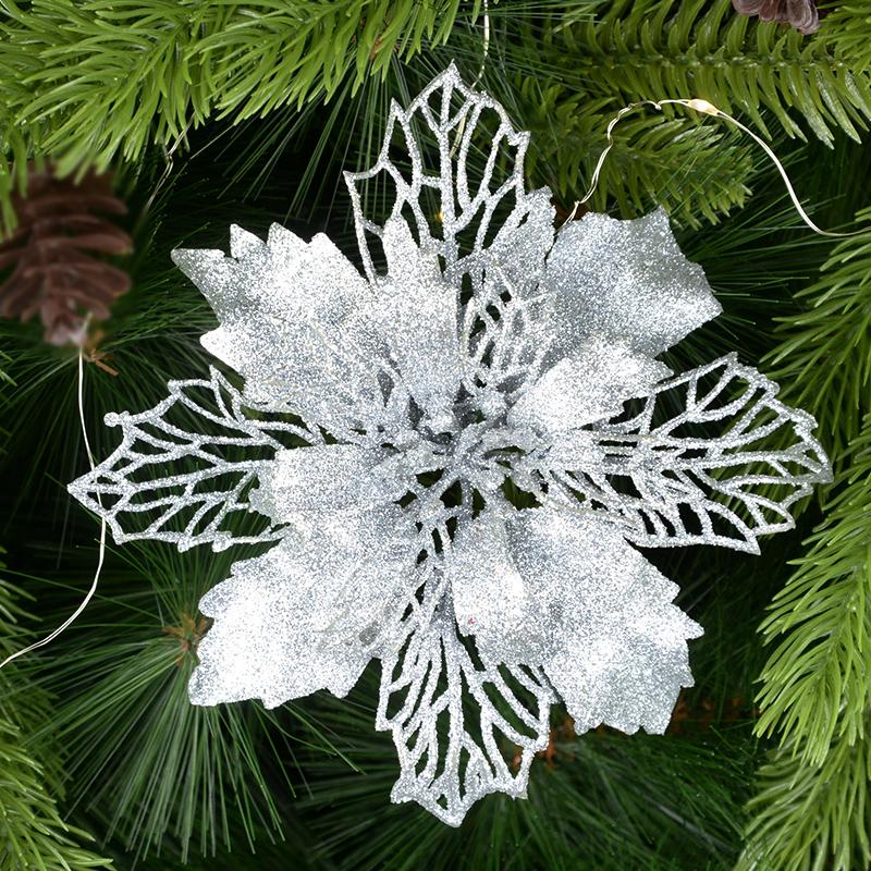 5 Stück 9-16cm Glitzer Künstliche Weihnachtsblumen Weihnachtsbaumschmuck für Zuhause Kunstblumen Weihnachtsornamente Neujahrsdeko KTY 9cm silber